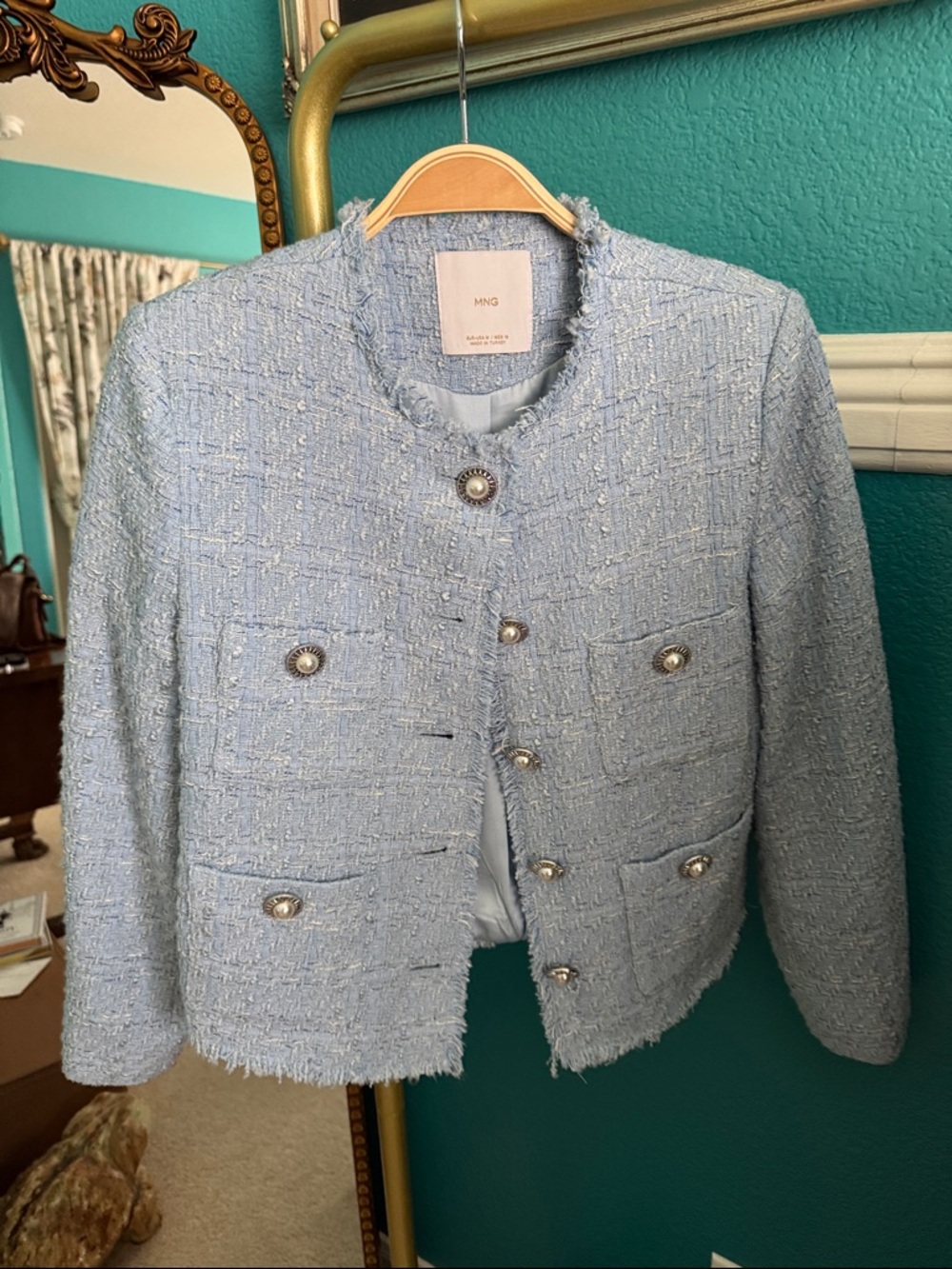 Mango Powder Blue Tweed Pearl-Button Jacket